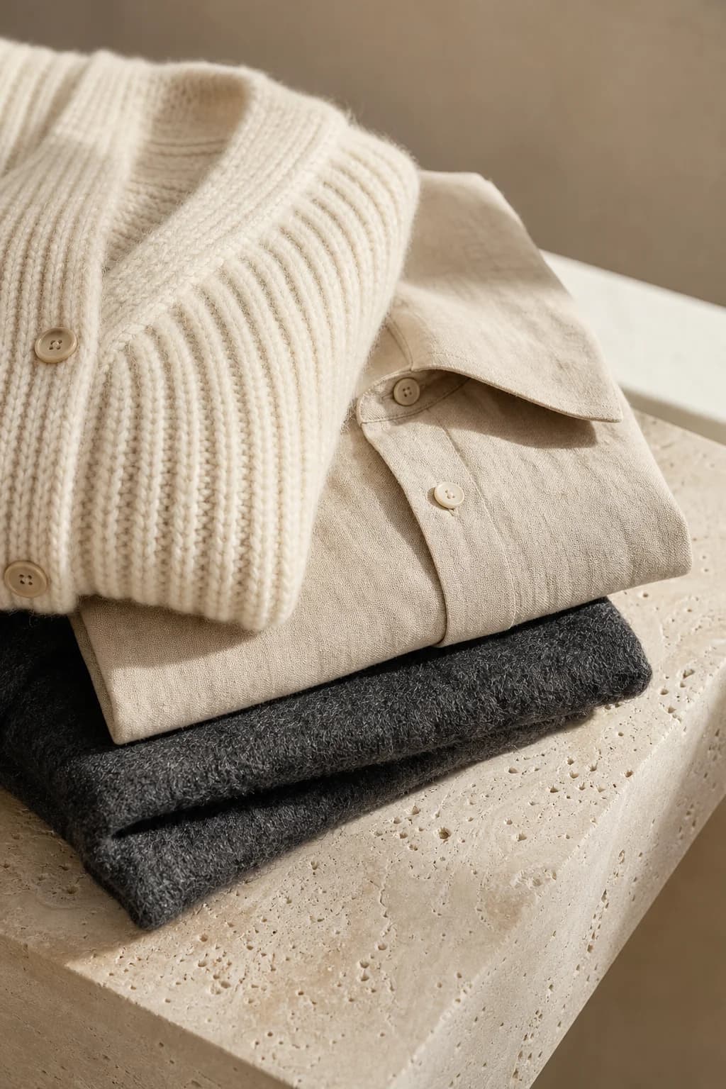 Folded ivory knit, sand linen and charcoal wool on a travertine bench
